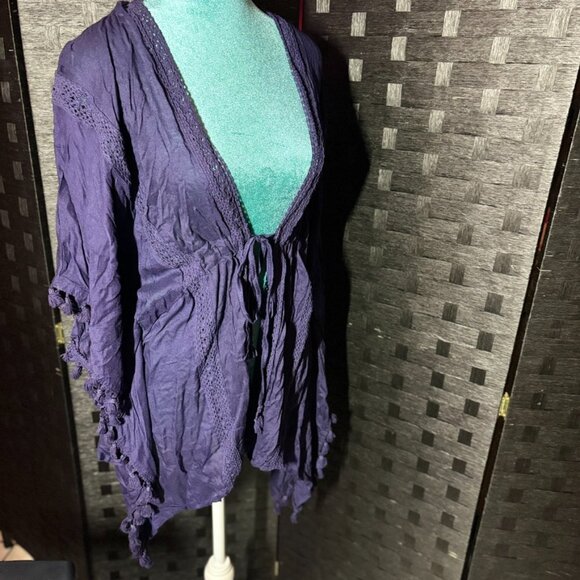 Vince Camuto Navy Blue Boho Open Front Cardigan with tassels and tie waist - Picture 9 of 11